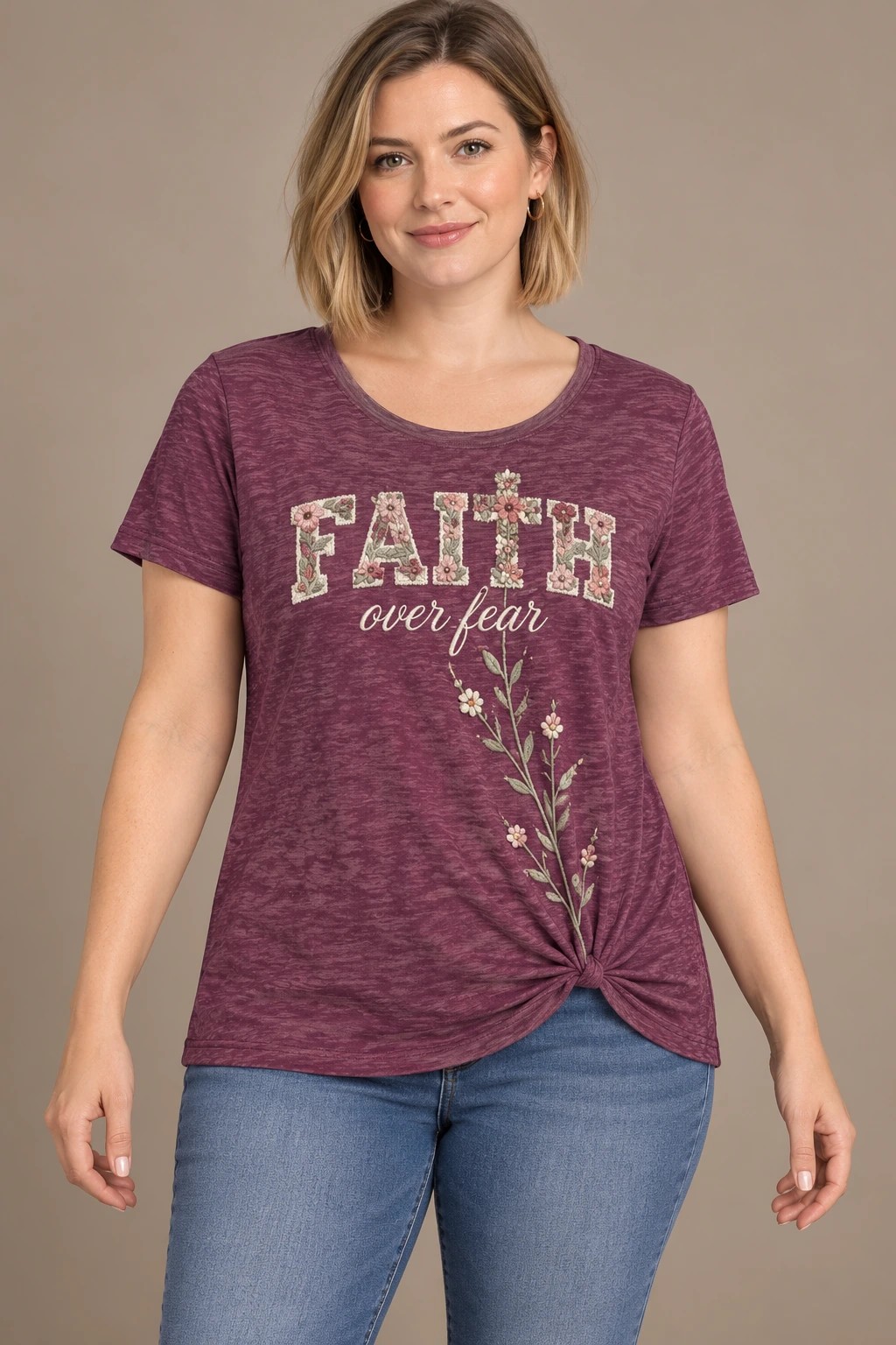 FAITH OVER FEAR Twist Tee, Plum: front